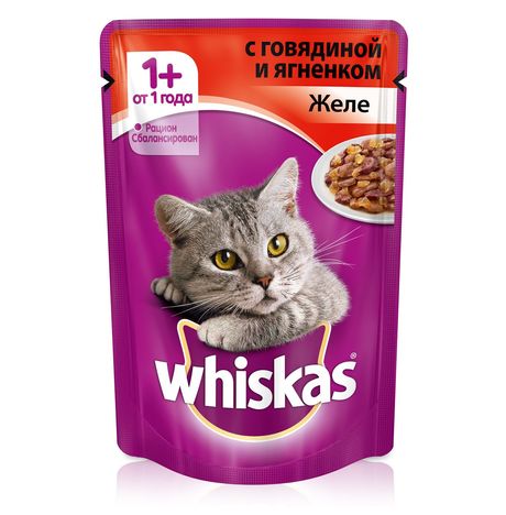 Корм Вискас Желе Говядина/Ягненок от 1года пауч 85г