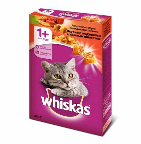 Корм Вискас Вкусн подушеч с паштет Говядина/Кролик от 1года к/к 350г