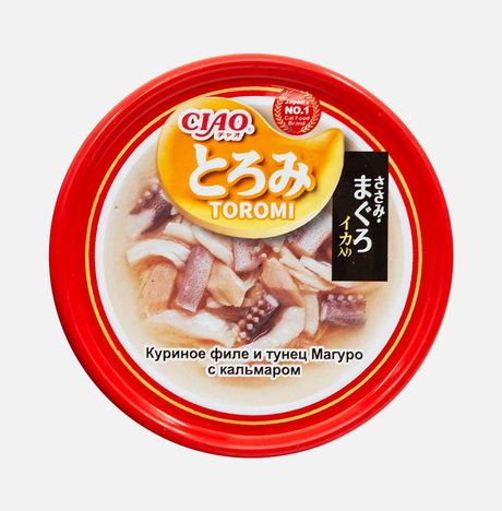 Корм Инаба д/кошек Чао Тороми Кур филе/тунец /кальмар ж/б 80г