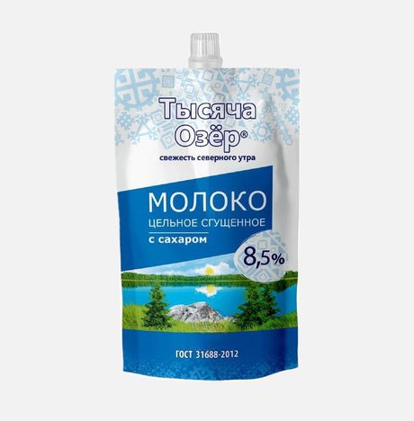 Молоко сгущ Тысяча озёр цельное с сахаром ГОСТ 8.5% дой/пак 270г