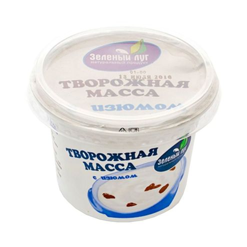 Масса творожная Зеленый луг с сахаром и изюмом 9% пл/ст 180г