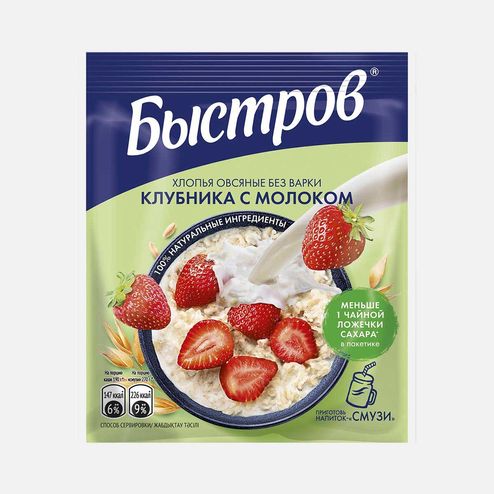 Хлопья Быстров овсяные Клубника с молоком без варки 40г