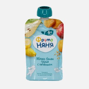 Пюре ФрутоНяня яблоко/банан/груша с печеньем с 6мес дой/пак 90г