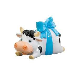 СувенирКопилкаТеленок подарок с голубым бантом 8х12,5х9,5 полимер