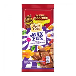 Шоколад Альпен Гольд Макс Фан со взрывной карамелью, мармеладом и печеньем 150г
