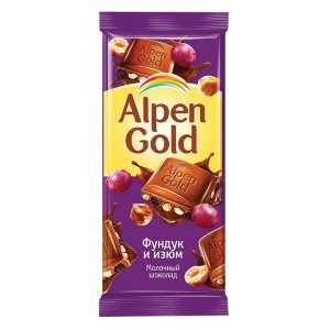 Шоколад Альпен Гольд молочный с фундуком и изюмом 85г
