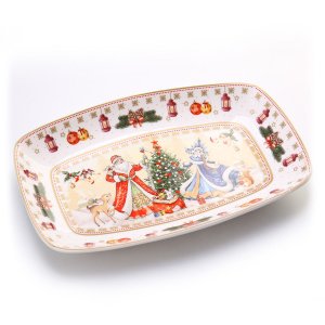 Блюдо Дед Мороз и Снегурочка 25х16х3см прямоугольное красное фарфор 85-1729