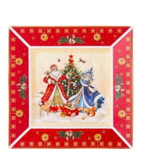 Блюдо Дед Мороз и Снегурочка 22см квадрат фарфор 85-1723