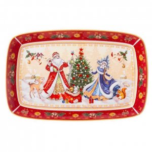 Блюдо Дед Мороз и Снегурочка 30х19х4см прямоугольное красное фарфор 85-1725