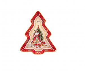 Блюдо-елка Дед Мороз красное фарфор 25*21*4см 85-1754
