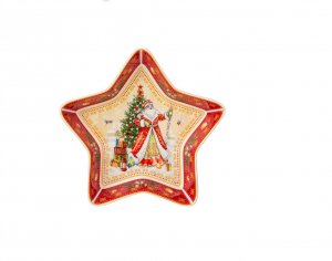 Блюдо-звезда Дед Мороз красное фарфор 17,5*17,5*3,5см 85-1747