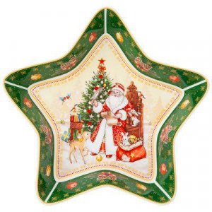 Блюдо-звезда Дед Мороз красное фарфор 28х28х5см 85-1746