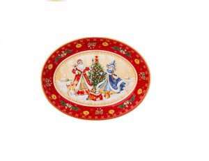 Блюдо Дед Мороз и Снегурочка овальное красное фарфор 25*19,5*4,5см 85-1730