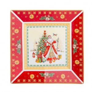 Блюдо Дед Мороз квадратное красное фарфор 22см 85-1628