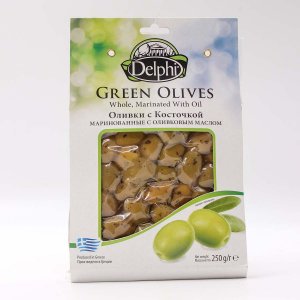 Оливки Делфи с косточкой маринованные с оливковым маслом в/у 250г