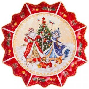 Блюдо Дед Мороз и Снегурочка 38см красное фарфор 85-1735