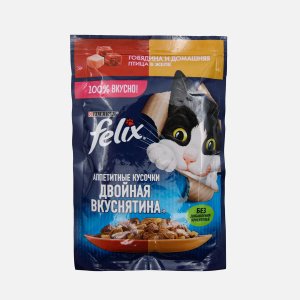 Корм Феликс Двойная Вкуснятина говядина/домашняя птица в желе 75г
