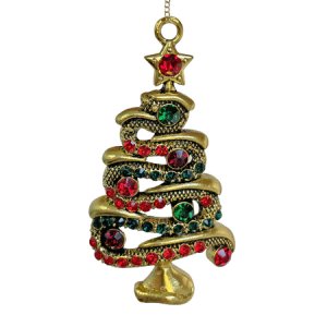 Украшение елочШишиЕлочка золотая с красно-зелеными стразми 8см металл