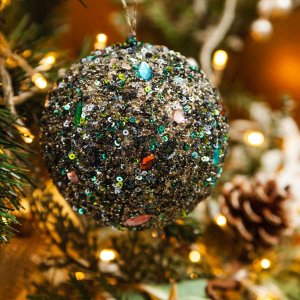 Украшен елочШишиШарик с пайетками и стразами сине-зеленый 10см стекло