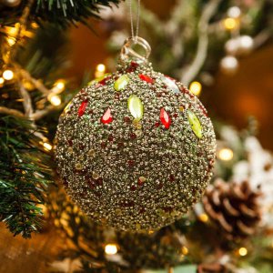 Украшен елочШишиШар с сереб бисером и красными стразами 10см стек 63751