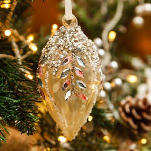 Украшен елочШишиКапля полупрозрач корич с листьями из камней12см стек