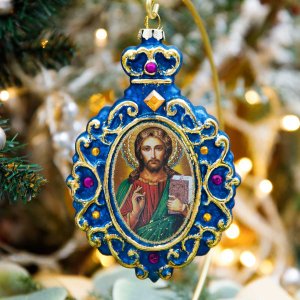 Украшение елочное Овал Рождество Христово винтаж стекло 9х2х13см