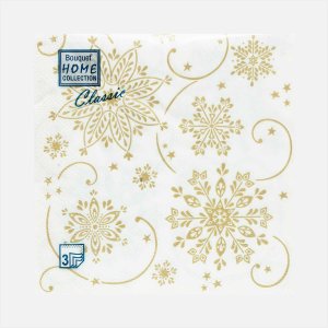 СалфеткиХоумКоллекшнКлассикВолшебн снежинки золото на белом 3сл 20лист