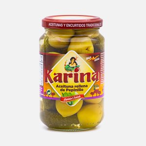 Оливки Карина Гордаль зеленые с корнишонами ст/б 345г