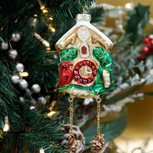 Украшение елоч Часы-ходики с шишками стекло 7,5х4х11см YQL1573