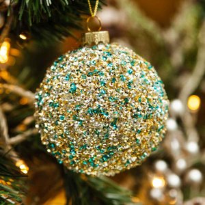 Украшение елоч Шар Искорки сине-золотой стекло 8см YQL1588