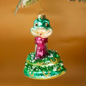 Украшение елоч Змея в шарфике бирюзовая стекло 7,5х7х11,5см GLT11