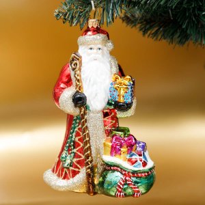 Украшение елочноеДед Мороз с мешком подарков стекло 18х12см S622