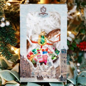 Украшение елочное Лошадка с подарками стекло 11х12см S718