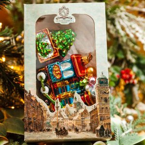 Украшение елочное Паровоз с вагончиком стекло 10х15,5см S412