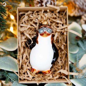 Украшение елочное Пингвин авиатор стекло 11х7см FBF17