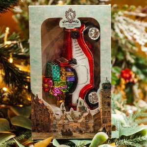 Украшение елочное Ретро автомобиль с подарками стекло 16х11см S876