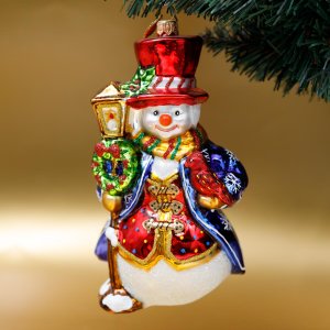 Украшение елочноеСнеговик с фонарем стекло 18х10см S658