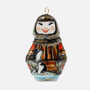 Украшение елоч Лефортовский фарфор Чукча с хаски Вип фарф 5,5х4,5х8,5