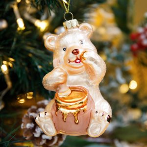 Украш елочХолидейКлассикМедвежонок с бочонком меда стекло 7х6,5х10см