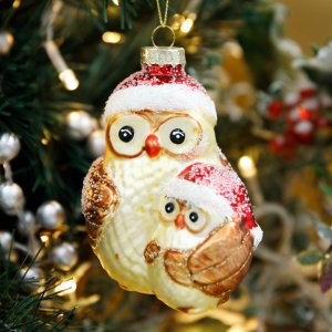 Укр елочХолидейКлассикСова иСовенок в рождеств колпачках стек8,5х6х11см