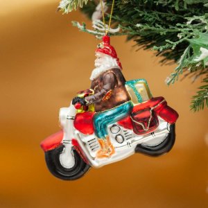Украшение елочноеДед Мороз на байке L12,5 W5 H11,5см стекло