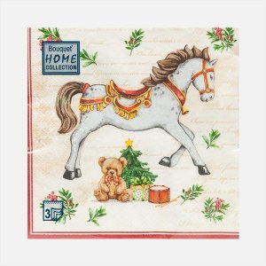 СалфеткиХоумКоллекшнНовогод лошадка Кремовый фон бум 33*33см 3сл 20лист